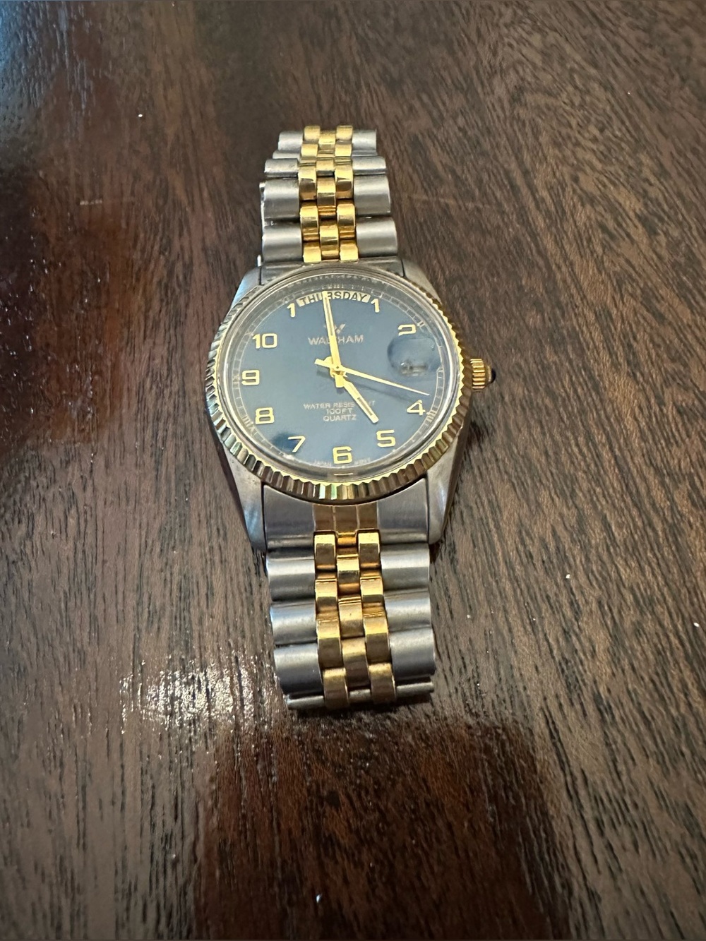 Vintage Two Tone Waltham President Day Date Quartz Mens Wristwatch Blue Dial
